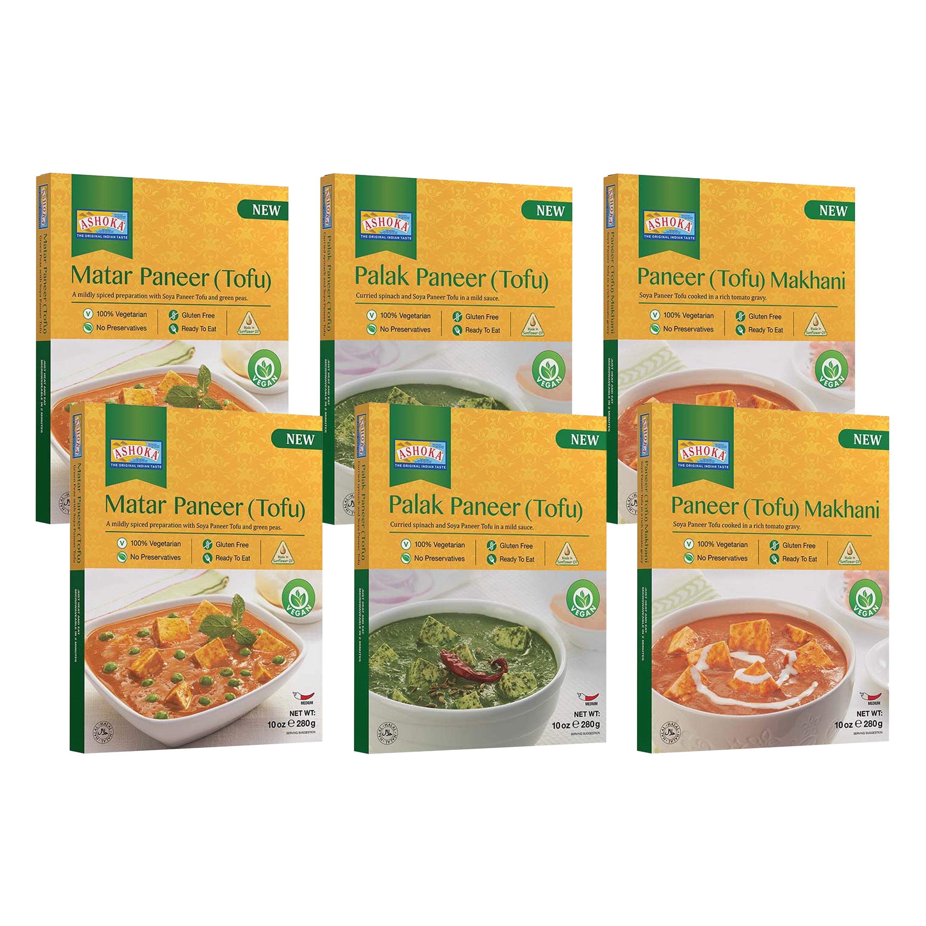 Ashoka Traditional Indian Meals 1932, Gluten-Free Meal Kit, Vegan Tofu Paneer Assortment, Kosher Certified, All-Natural Variety Pack, Travel Friendly Meals, Authentic with No Preservatives, Pack of 6