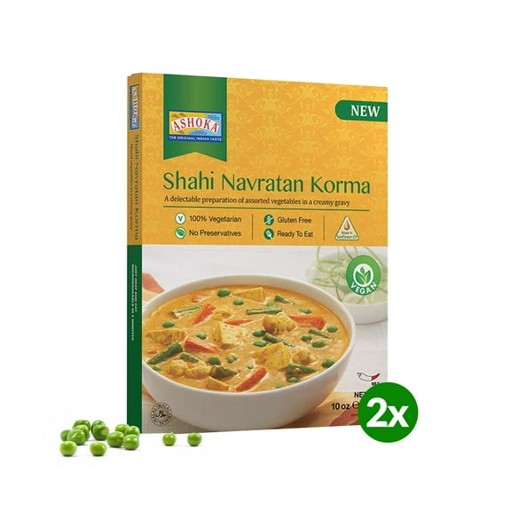 Ashoka Traditional Indian Meals 1932, Vegan Mixed Vegetable Curry, All-Natural Ready to Eat Microwavable Entrees, Shahi Navratan Korma, Kosher Certified, Gluten-Free with No Preservatives, Pack of 2