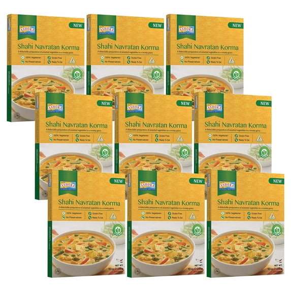 Ashoka Traditional Indian Meals 1932, Vegan Mixed Vegetable Curry, All-Natural Ready to Eat Microwavable Entrees, Shahi Navratan Korma, Kosher Certified, Gluten-Free with No Preservatives, Pack of 9