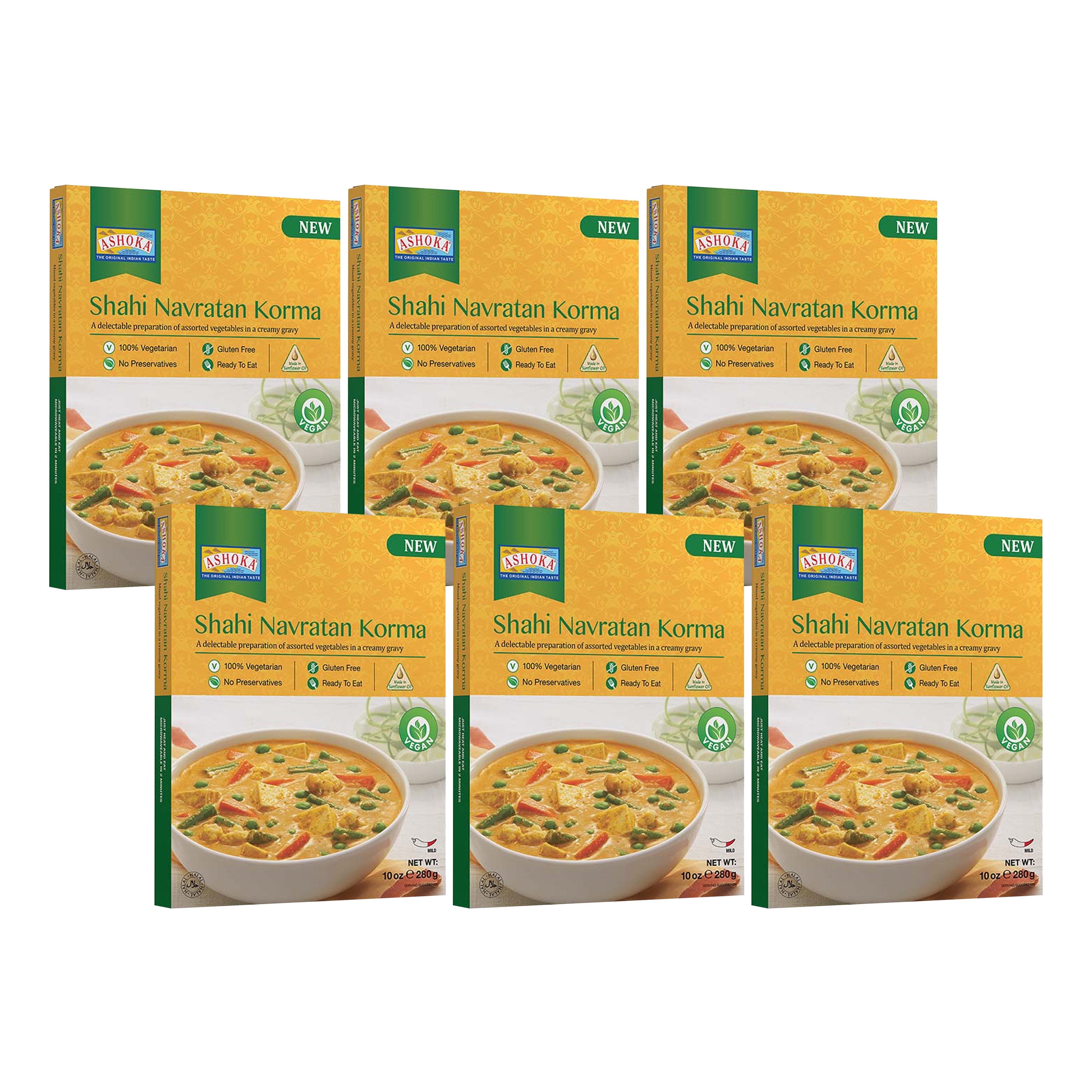 Ashoka Traditional Indian Meals 1932, Vegan Mixed Vegetable Curry, All-Natural Ready to Eat Microwavable Entrees, Shahi Navratan Korma, Kosher Certified, Gluten-Free with No Preservatives, Pack of 6