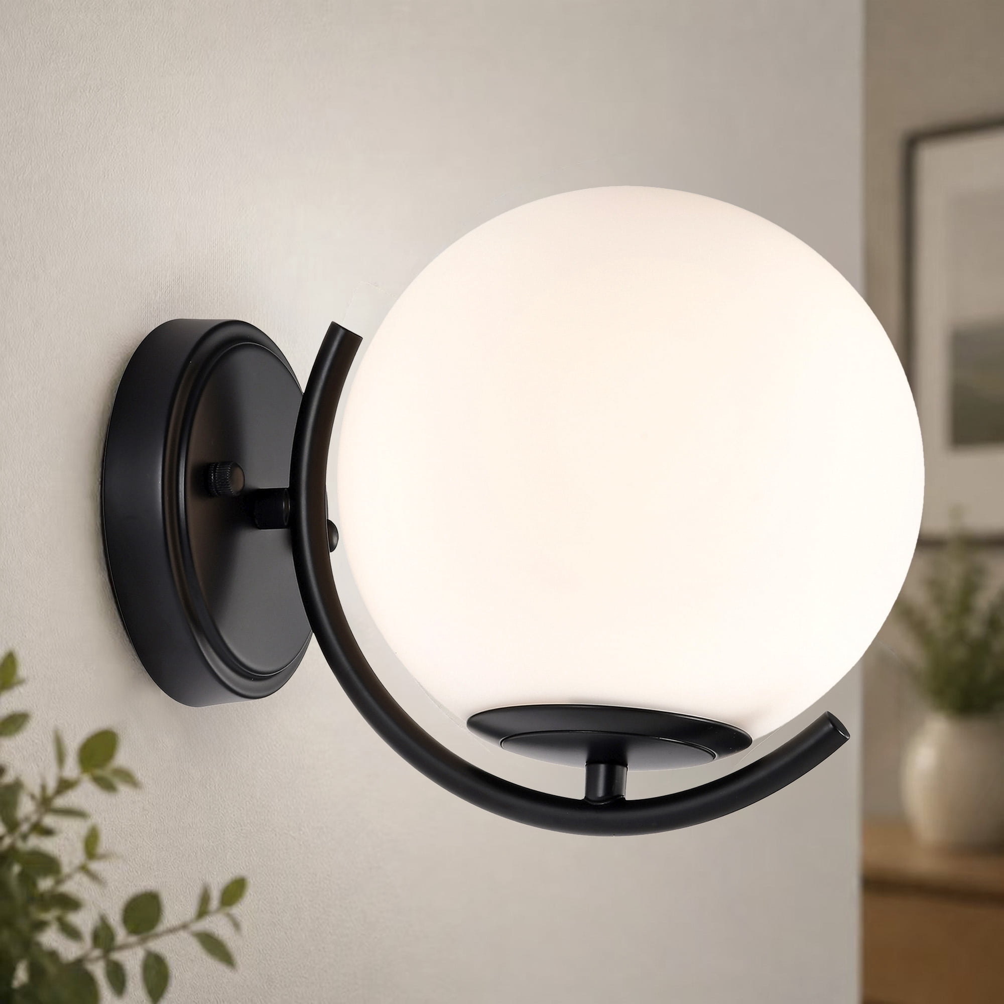 Mid Century Modern 1-Light Wall Sconce, Matte Black Wall Mount Light with Frosted Glass Globe, E26 Base Hardwired Wall Light for Bathroom Vanity Bedroom Hallway
