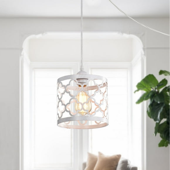 White Plug in Pendant Light with Switch, 19.7FT Hanging Swag Light Fixture with E26 Base, Farmhouse Style Cage Lamp for Bedroom, Kitchen, Living Room