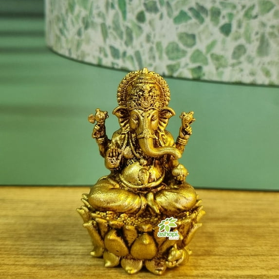 Ashopi Decor Brass Ganesh Statue| Hindu Deity Sculpture| Decorative Items (Yellow, 2 Inch)