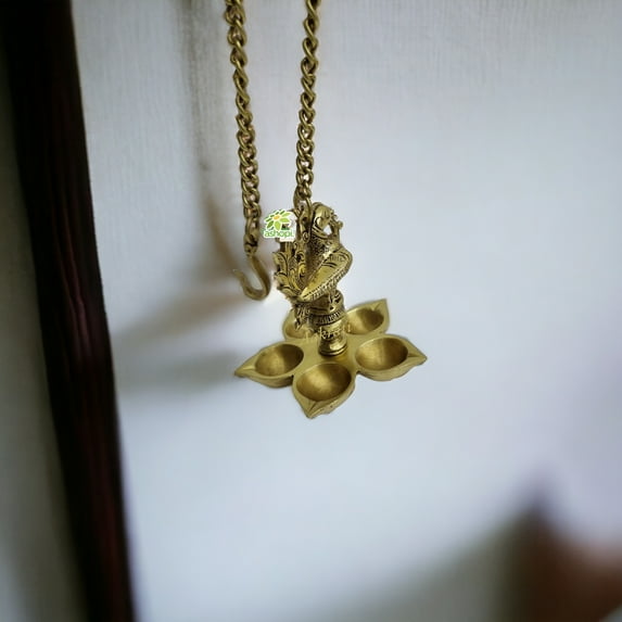 Ashopi Decor Brass Peacock Carved Hanging Diya Brass Indian Diya Lamp, Brass Decorative Diya