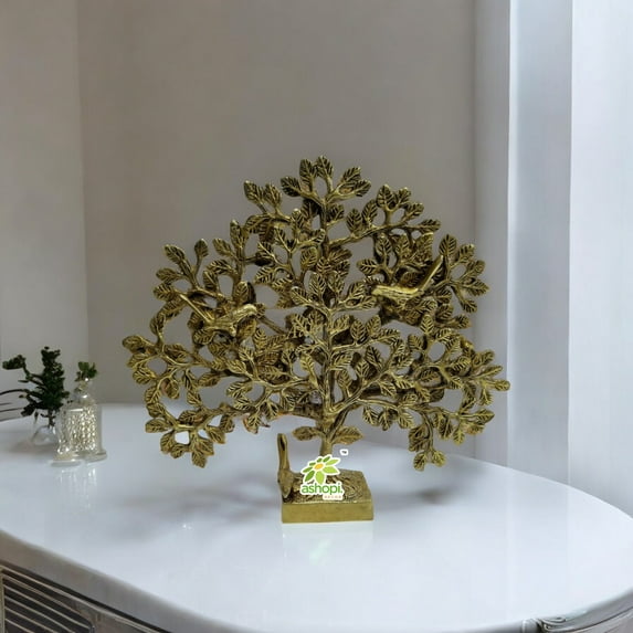 Ashopi Decor Brass Tree of life with roots and birds decorative item for your home and offices (Yellow, 11")