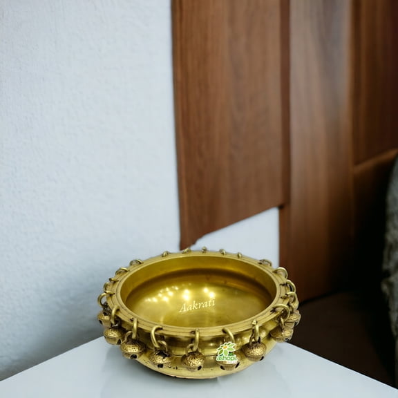 Ashopi Decor Brass Urli Traditional Bowl with Bells, Centre Table Decor, Brass Decoration Brass Statue for Corner Table, Indian Houseware Decor