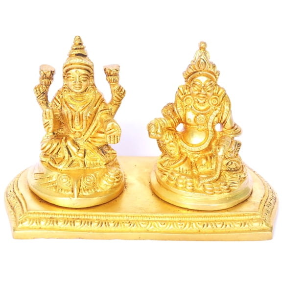 Ashopi Decor Money Lord Kuber and Lakshmi Statue Decorative Showpiece - 10 cm (Brass, Yellow)
