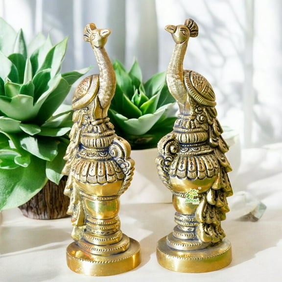 Ashopi Decor Pair of Handmade Small Sitting Brass Peacock Figurine Showpiece