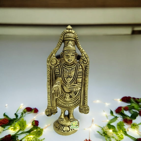 Ashopi Decor Tirupati Balaji/Brass Lord Sri Venkateswara, Incarnation of Lord Vishnu Religious Sculpture for Blessing,Health &Wealth Decorative Showpiece - 14 cm (Brass, Yellow)