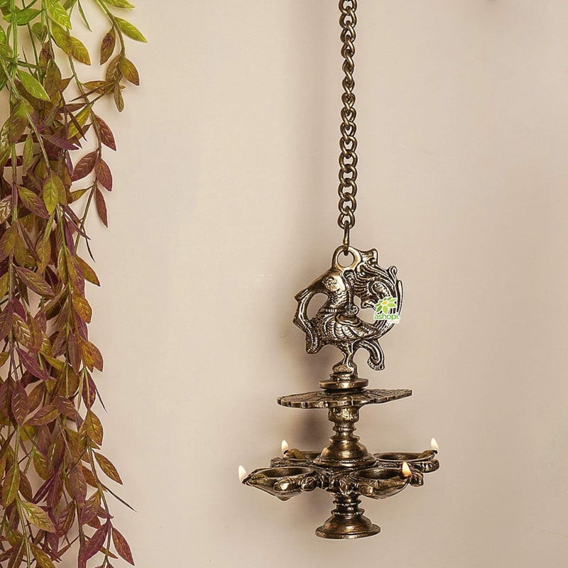 Ashopi Hanging Bird Diya mad in Brass with 4 Deepak- Antique Finish Home Decor Oil lamp