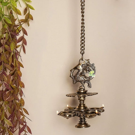 Ashopi Hanging Bird Diya mad in Brass with 4 Deepak- Antique Finish Home Decor Oil lamp