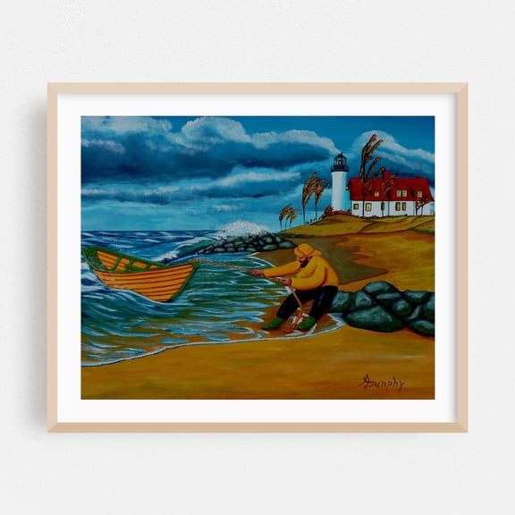 Ashore At Last - Painting Lighthouse Coastal Boat Fishing Seascape Nautical Waves Oak Framed Wall Art Print 6 x 8 inches