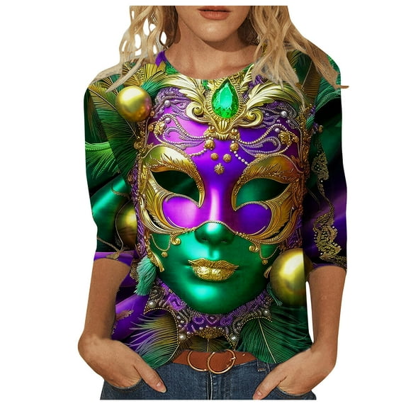 Ashosteey 2024 Mardi Gras Shirt for Women Carnival Themed Outfit Party Tee Mask Graphic 3/4 Sleeve Tunic Tops Crewneck Parade Blouse Tshirt
