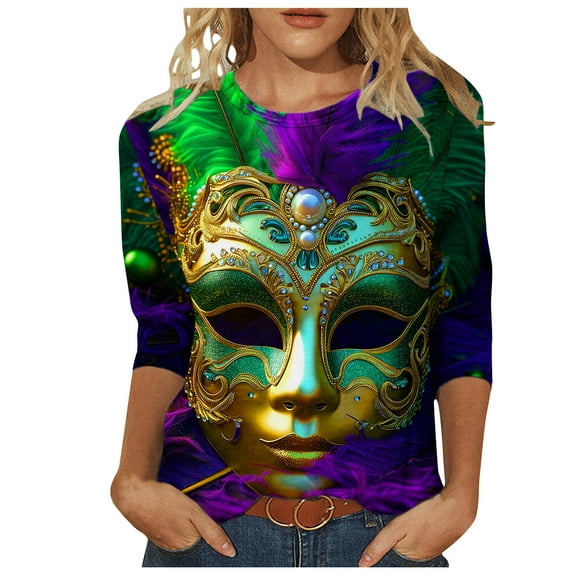 Ashosteey 2024 Mardi Gras Shirt for Women Carnival Themed Outfit Party Tee Mask Graphic 3/4 Sleeve Tunic Tops Crewneck Parade Blouse Tshirt