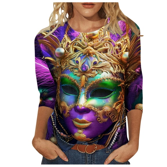 Ashosteey 2024 Mardi Gras Shirt for Women Carnival Themed Outfit Party Tee Mask Graphic 3/4 Sleeve Tunic Tops Crewneck Parade Blouse Tshirt
