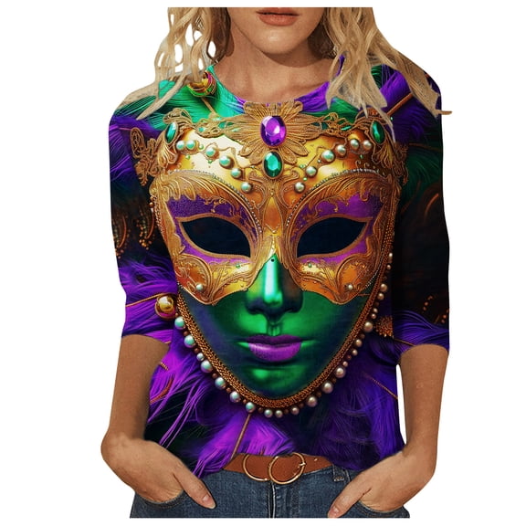 Ashosteey 2024 Mardi Gras Shirt for Women Carnival Themed Outfit Party Tee Mask Graphic 3/4 Sleeve Tunic Tops Crewneck Parade Blouse Tshirt