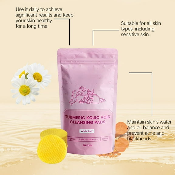 Ashosteey Turmeric Kojic Acid Cleansing Pads,Kojic Acid and Turmeric Cleansing Pads with Vitamin B5, Vitamin C Turmeric, Face Pads, Sugar Turmeric Cleansing Pads, Face Cleansing and Exfoliation