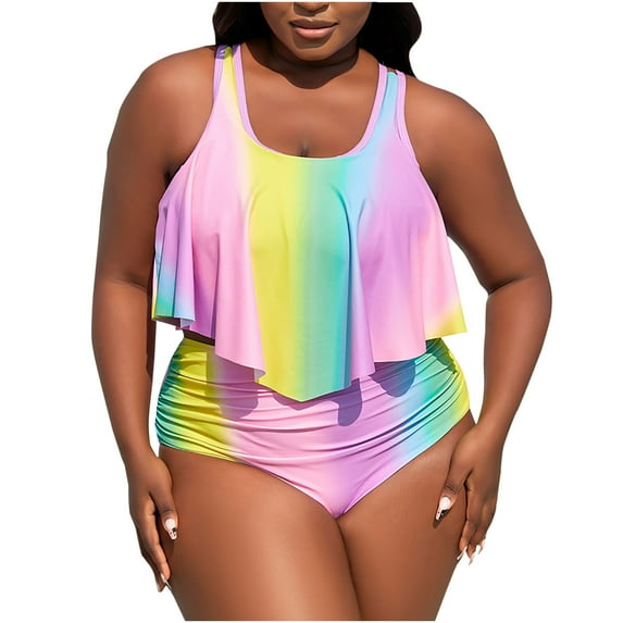 Ashosteey Women Plus Size Swimsuit Two Piece Tankini Swimwear Colorful Print Summer Flowy Swimdress Sleeveless Bikini 2024