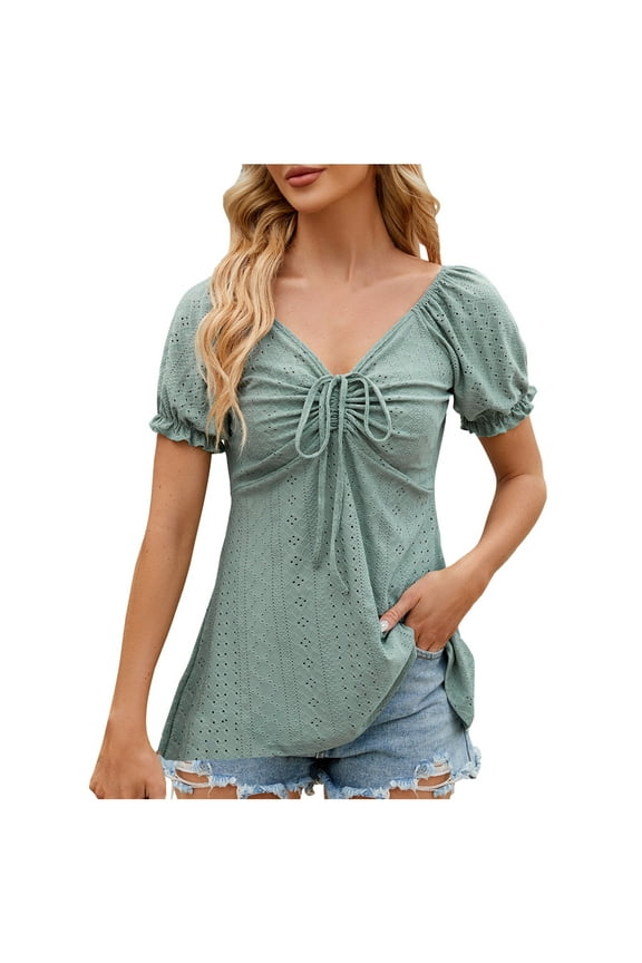 Women Ruffle Short Sleeve Tops V Neck Twist Front Tunic T-Shirt Casual Peplum Blouse 2024 Basic Fashion summer Eyelet Tee