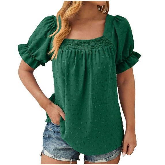 Ashosteey Women Summer Top Puff Sleeve Fashion Shirts Chest Pleated Blouses Loose Casual Tee Solid Square Neck Tunics 2024
