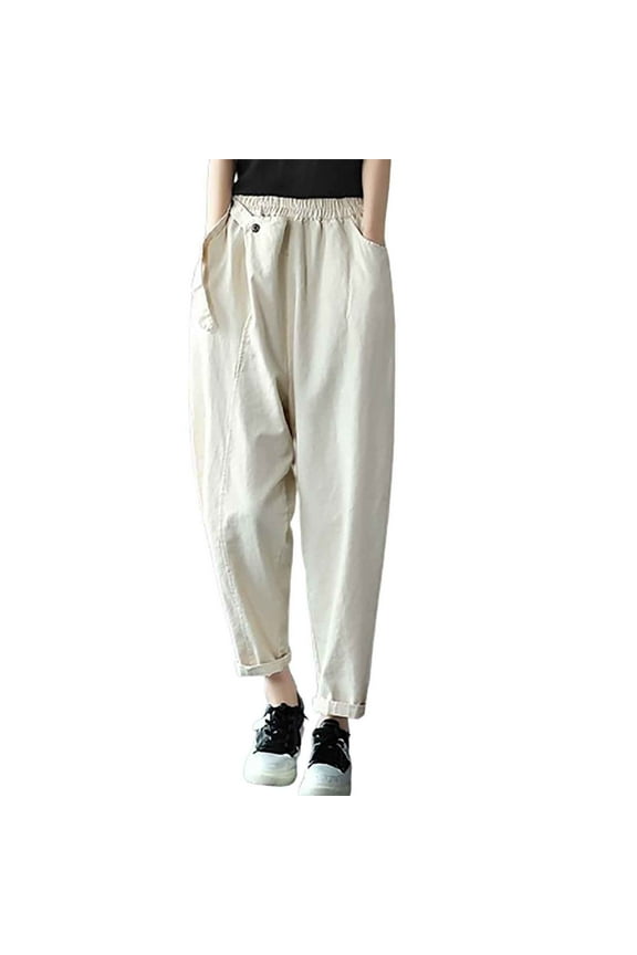 Women's 100% Linen Pants High Waist Pocket Harem Pants Relax Fit Lantern Cropped TaperedPants Trousers with Elastic Waist