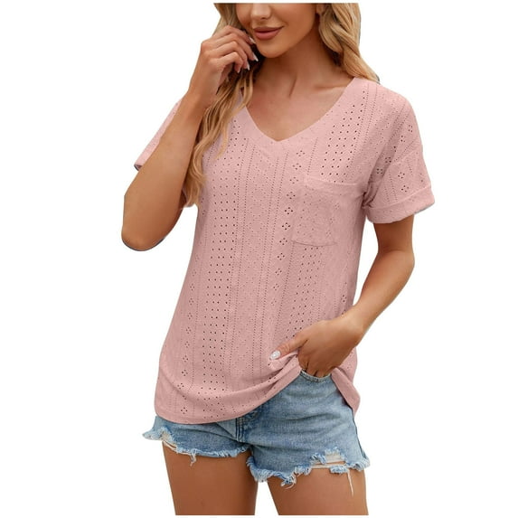 Ashosteey Women's Eyelet Short Sleeve Top Round Neck Solid Tunic Summer Casual Blouse 2024 Basic Fashion summer Tee with Pocket