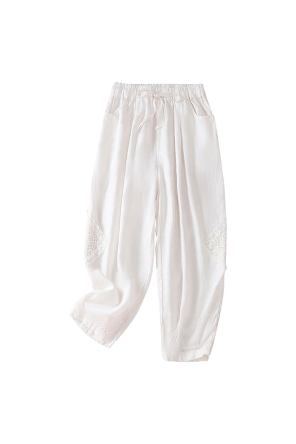 Women's Harem Baggy Pants Casual Vintage Wide Leg Pant Linen Cotton Drawstring Trousers