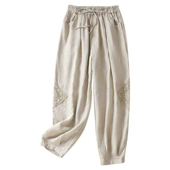 Ashosteey Women's Harem Baggy Pants Casual Vintage Wide Leg Pant Linen Cotton Drawstring Trousers
