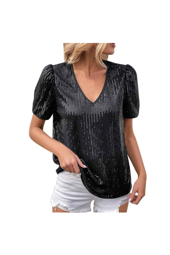 Women's Sequin Tops Sparkly Glitter Blouses Sequined Short Sleeve Shirts Fashion Crewneck Solid Tunics Tee for Holiday Club Night