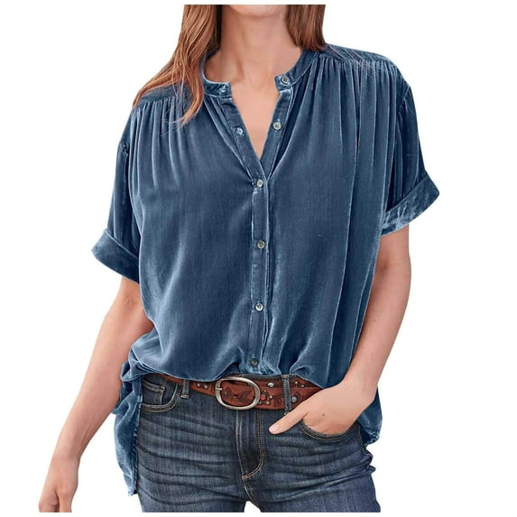 Ashosteey Women's Velvet T-Shirt V Neck Short Sleeve Tee Vintage Solid Roll-Up Sleeve Tops Dressy Casual Buttons Tunics Clothes