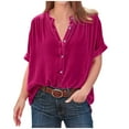 thumbnail image 1 of Ashosteey Women's Velvet T-Shirt V Neck Short Sleeve Tee Vintage Solid Roll-Up Sleeve Tops Dressy Casual Buttons Tunics Clothes, 1 of 6