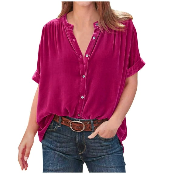 Ashosteey Women's Velvet T-Shirt V Neck Short Sleeve Tee Vintage Solid Roll-Up Sleeve Tops Dressy Casual Buttons Tunics Clothes