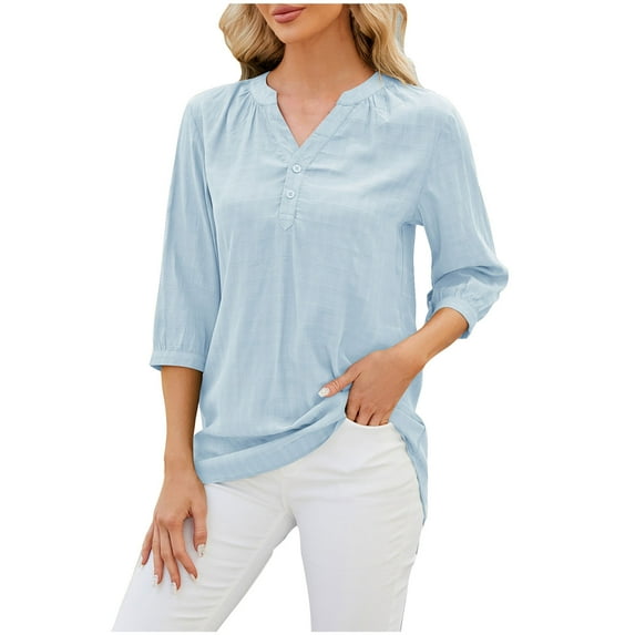 Ashosteey Womens Cotton Linen Front Button Tops 3/4 Sleeve V Neck T-Shirts Casual Dressy solid color Blouses 2024 Basic Fashion summer Tee