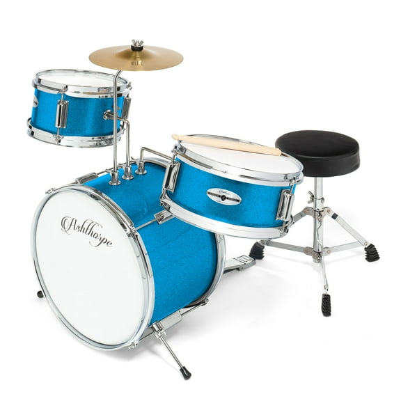 Ashthorpe 3-Piece Complete Junior Drum Set - Beginner Kit with Drummer's Throne - Blue