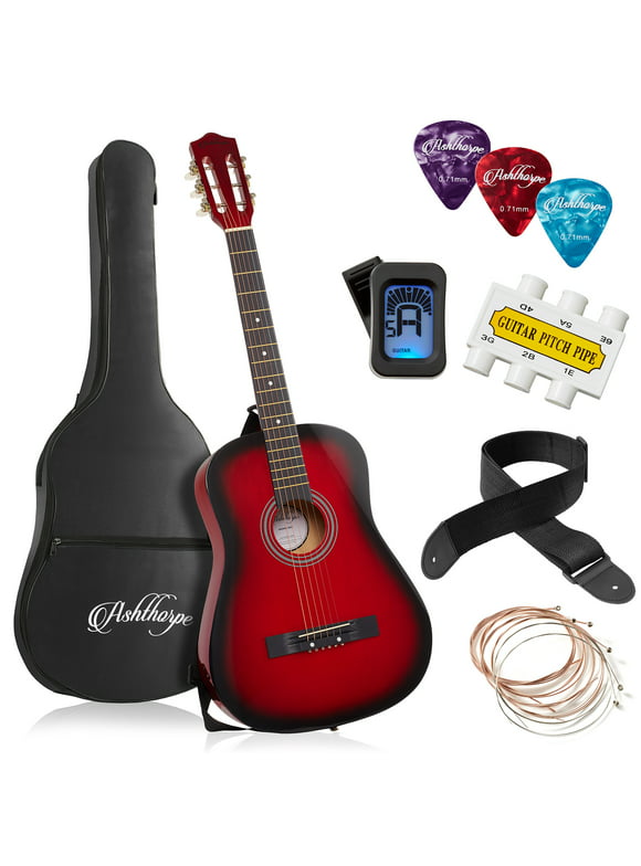 Ashthorpe 38" Beginner Acoustic Guitar Package, Basic Starter Kit with Gig Bag, Strings, Strap, Tuner, Pitch Pipe and Picks, Red