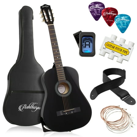 Ashthorpe 38-Inch Beginner Acoustic Guitar Starter Package, Black
