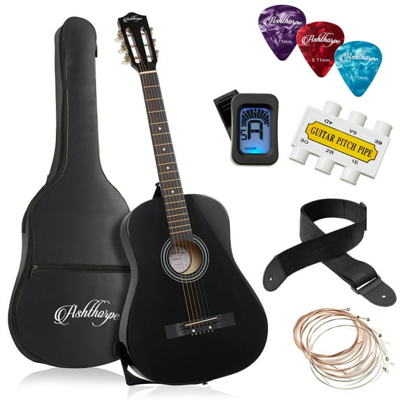 Ashthorpe 38-Inch Beginner Acoustic Guitar Starter Package, Black