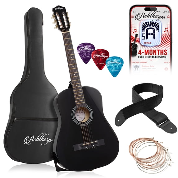 Ashthorpe 38-Inch Beginner Acoustic Guitar - Black, Complete Starter Kit with Gig Bag, Extra Strings, Strap, and Lessons