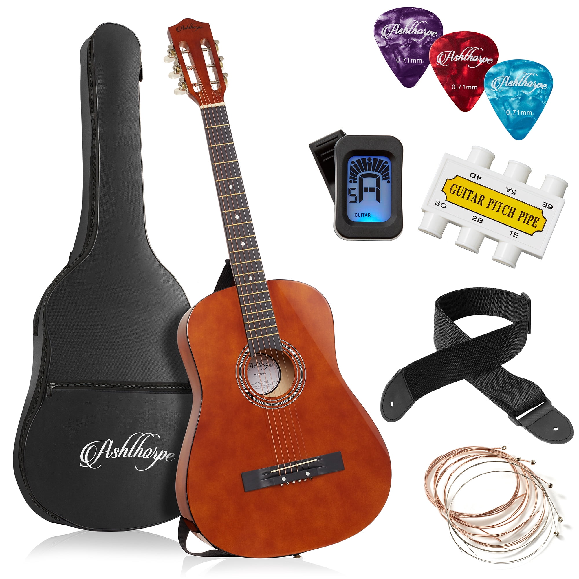 Ashthorpe 38-Inch Beginner Acoustic Guitar - Brown, Complete Starter Kit with Gig Bag, Extra Strings, Strap, and Lessons