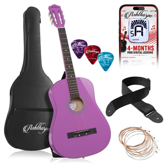 Ashthorpe 38-Inch Beginner Acoustic Guitar - Purple, Complete Starter Kit with Gig Bag, Extra Strings, Strap, and Lessons