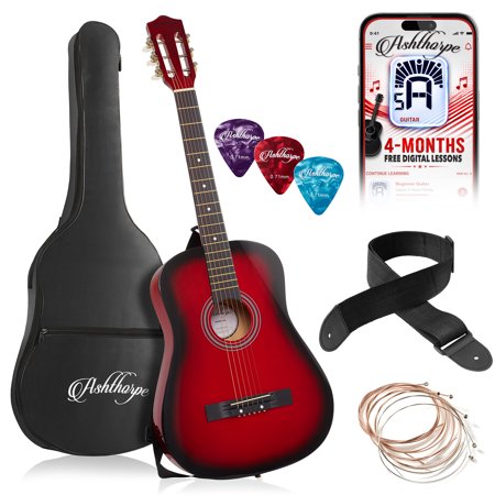 Ashthorpe 38-Inch Beginner Acoustic Guitar - Red, Complete Starter Kit with Gig Bag, Extra Strings, Strap, and Lessons