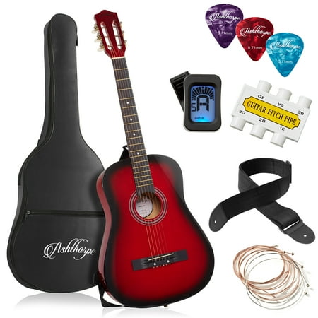 Ashthorpe 38-Inch Beginner Acoustic Guitar - Red, Complete Starter Kit with Gig Bag, Extra Strings, Strap, and Lessons