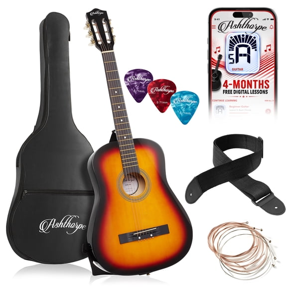 Ashthorpe 38-Inch Beginner Acoustic Guitar - Sunburst, Complete Starter Kit with Gig Bag, Extra Strings, Strap, and Lessons