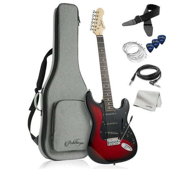 Ashthorpe 39-Inch Electric Guitar with S-S-S Pickups and Tremolo Bar - Red/Black