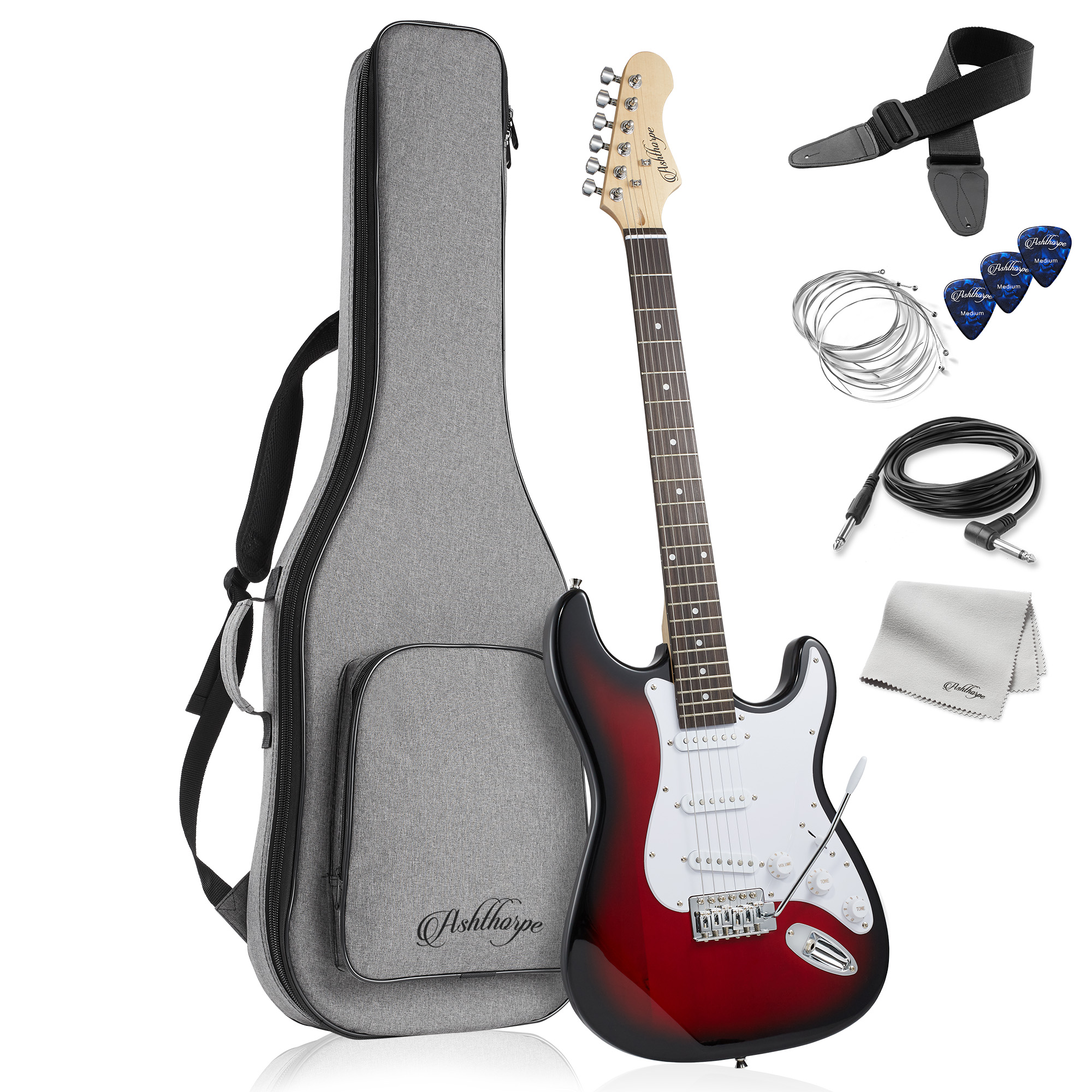 Ashthorpe 39-Inch Electric Guitar with S-S-S Pickups and Tremolo Bar - Red/White - image 1 of 7