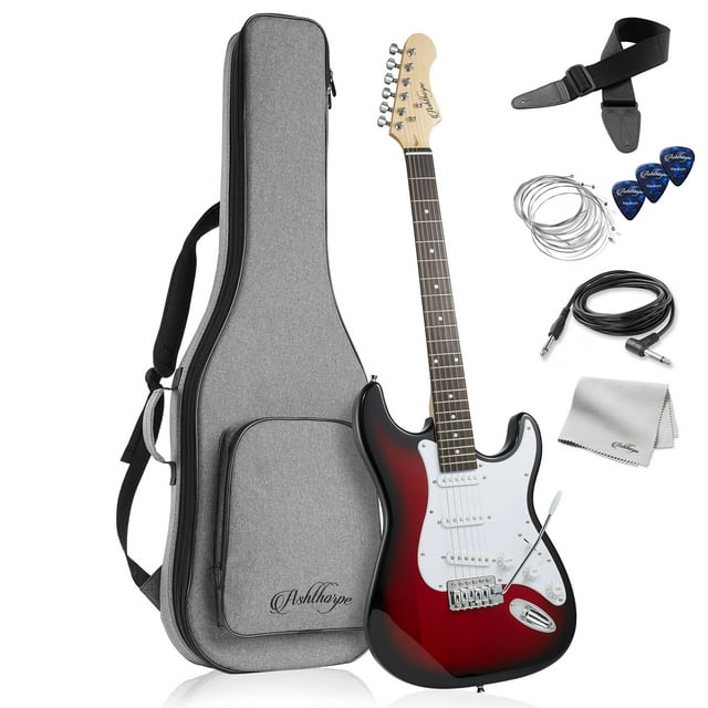 Ashthorpe 39-Inch Electric Guitar with S-S-S Pickups and Tremolo Bar - Red/White