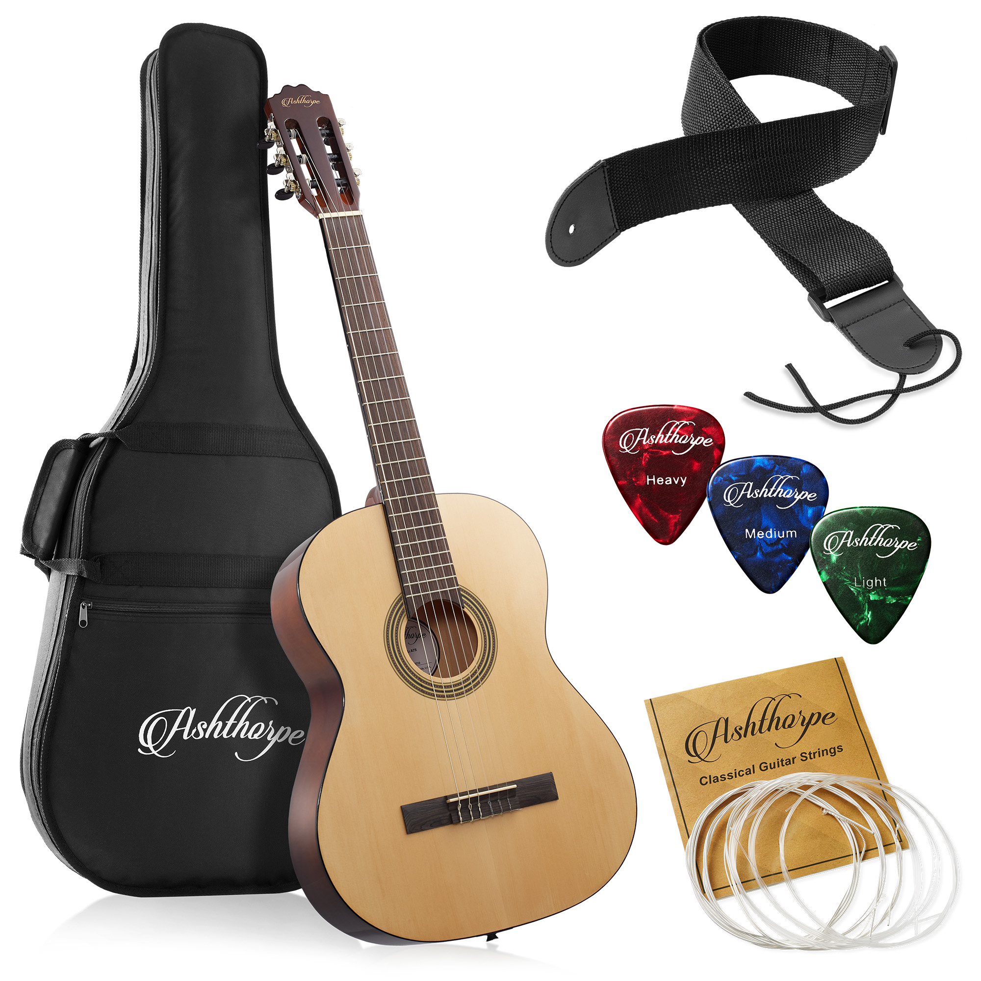 Ashthorpe 39-inch Full-Size Classical Acoustic Guitar, Premium Tonewoods with Classic Natural Finish, Nylon Strings, Gig Bag, Strap, Picks