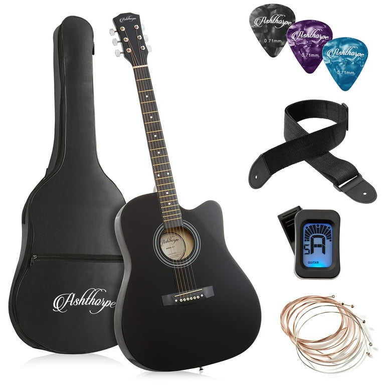 Ashthorpe 41 Inch Beginner Acoustic Guitar Starter Package Black