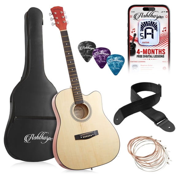 Ashthorpe 41-Inch Beginner Acoustic Guitar Package - Natural, Complete Starter Kit with Gig Bag, Extra Strings, Strap, and Lessons