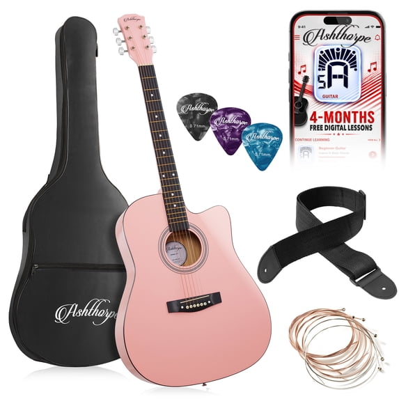 Ashthorpe 41-Inch Beginner Acoustic Guitar Package - Pink, Complete Starter Kit with Gig Bag, Extra Strings, Strap, and Lessons
